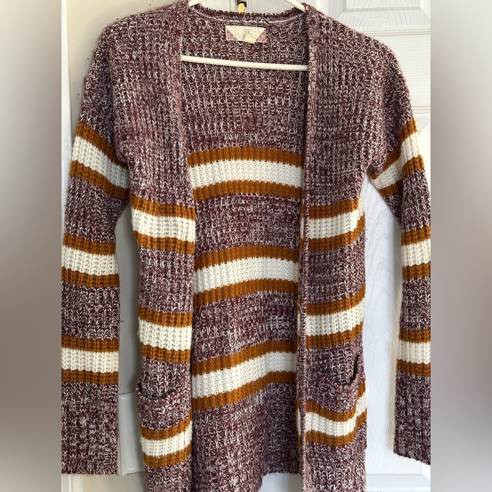 Pink Rose Striped Open Sweater Cardigan